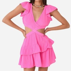 LoveShackFancy Audrina Pink Cotton Gauze Cut Out Ruffled Mini Dress